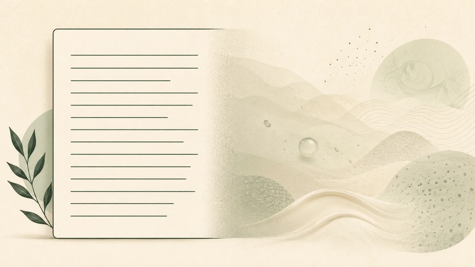 Abstract ingredient list illustration with water droplets and botanical shapes.