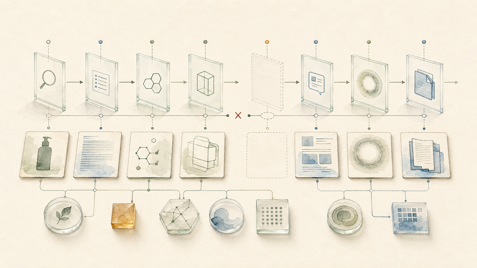 Illustrated workflow of cosmetic product evaluation with label, formula, packaging, evidence, and decision checkpoints.