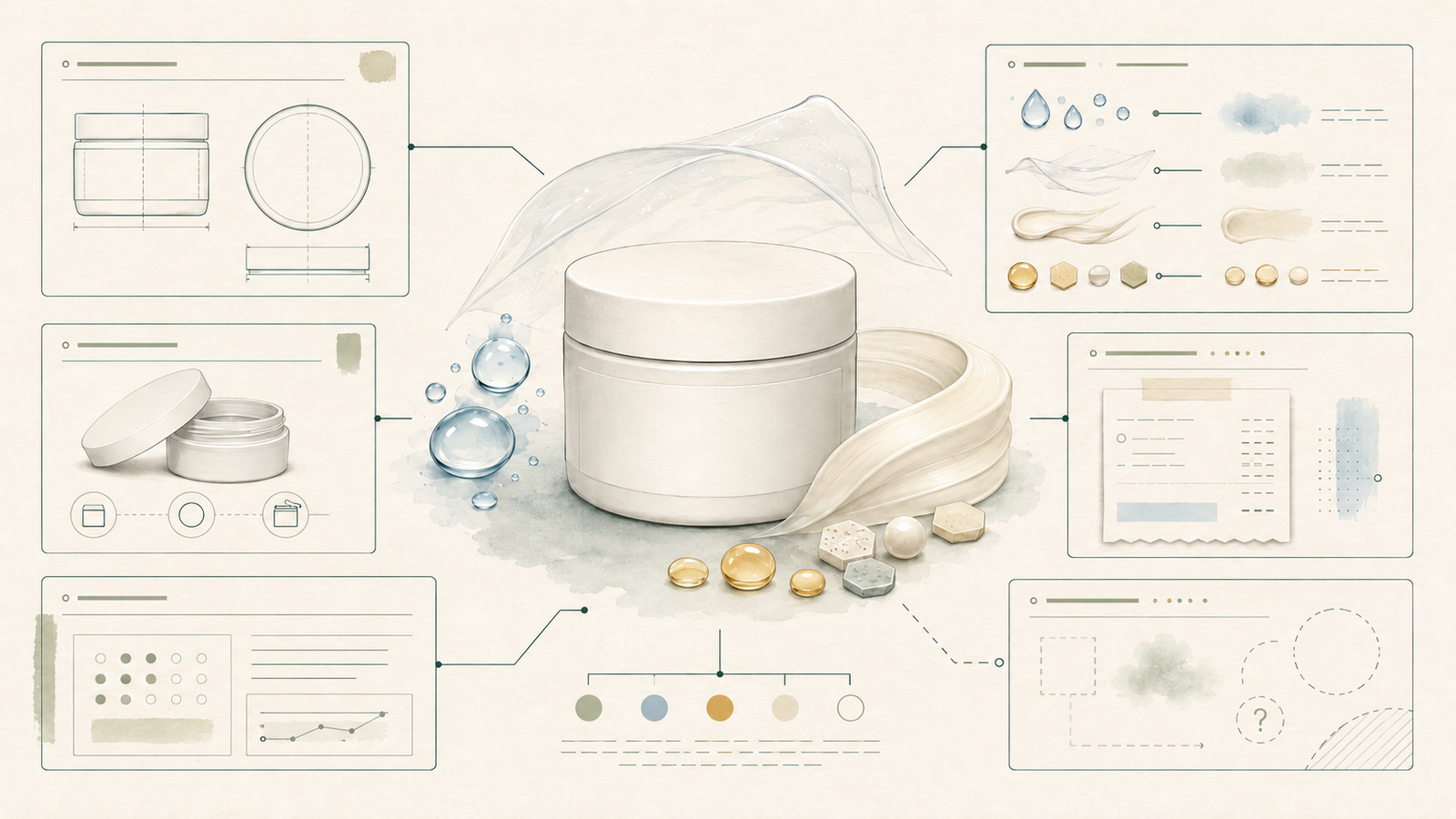 Illustration of a moisturizing cream jar surrounded by package, formula, price, and evidence panels.