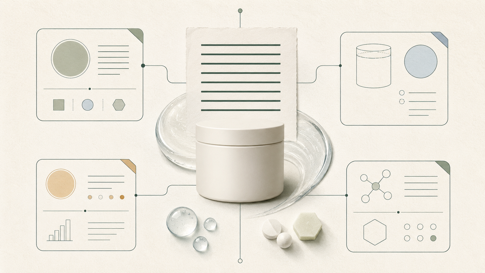 Illustration of a moisturizer jar surrounded by formula, packaging, price, and evidence panels.