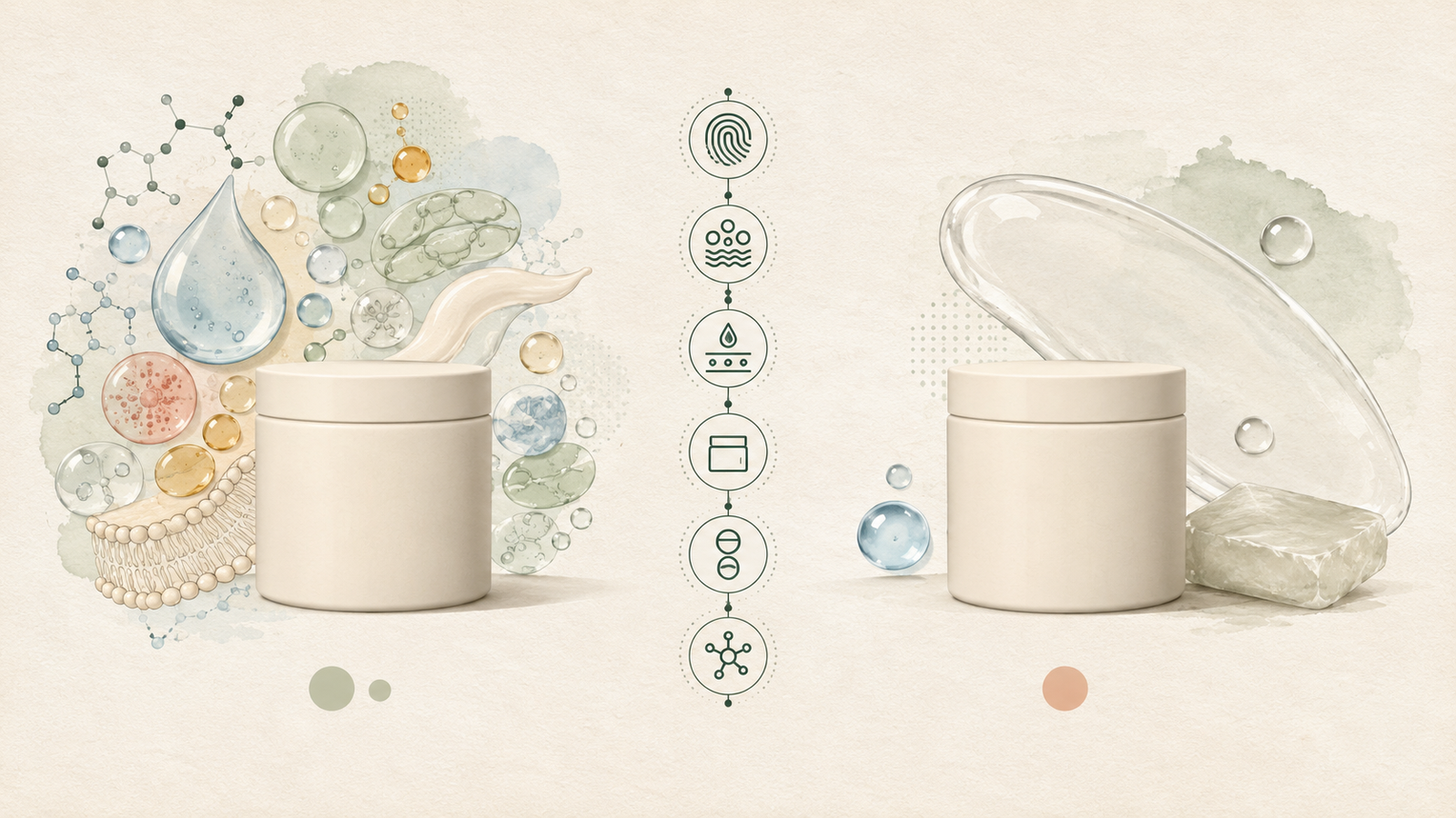 Two moisturizer jars with formula and packaging comparison symbols on a light background.