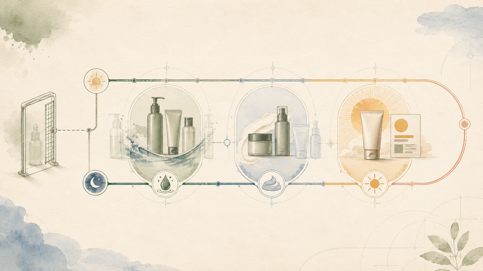 Illustrated skin-care routine path connecting cleansing, moisturizing, and daytime sunscreen steps.