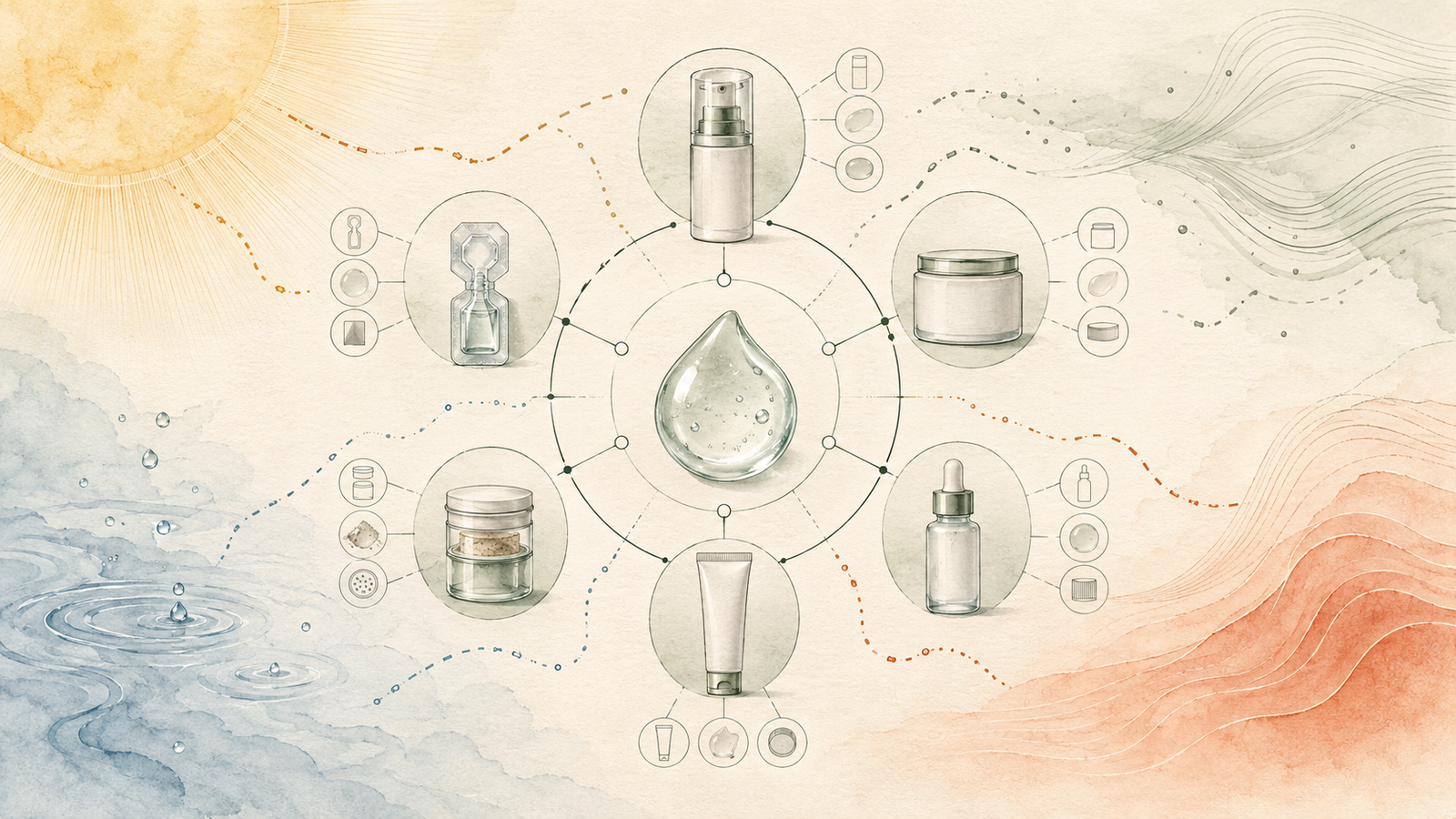Illustration of pump, jar, dropper, tube, two-part, and unit-dose package patterns arranged around formulation and stability questions.
