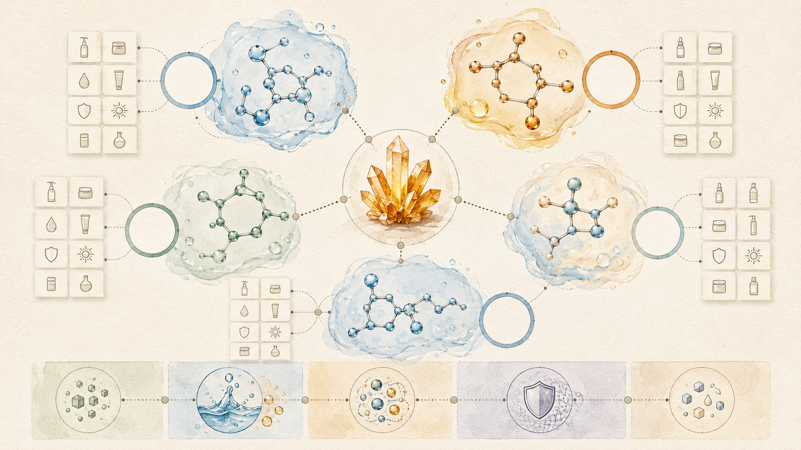 Illustrated comparison map of L-ascorbic acid and vitamin C derivative forms with formulation, packaging, stability, and evidence checkpoints.