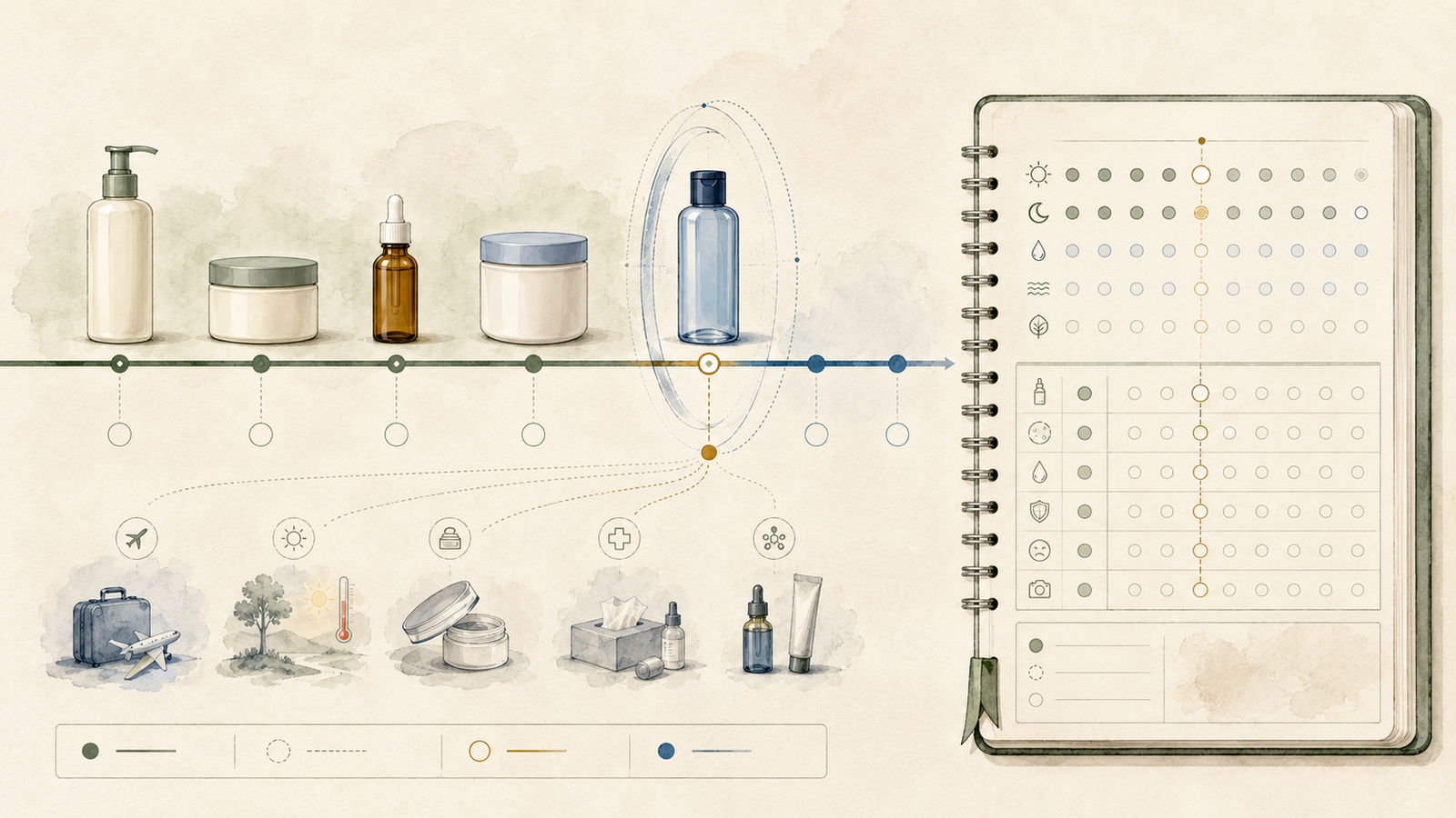 Illustrated one-product routine change log with a product bottle, calendar checkpoints, and a tracking notebook.