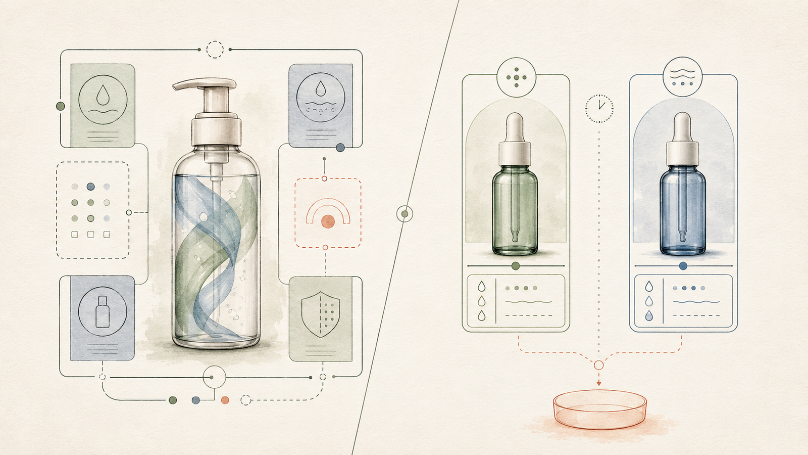 Illustrated comparison of skincare bottles with compatibility and evidence checkpoints.