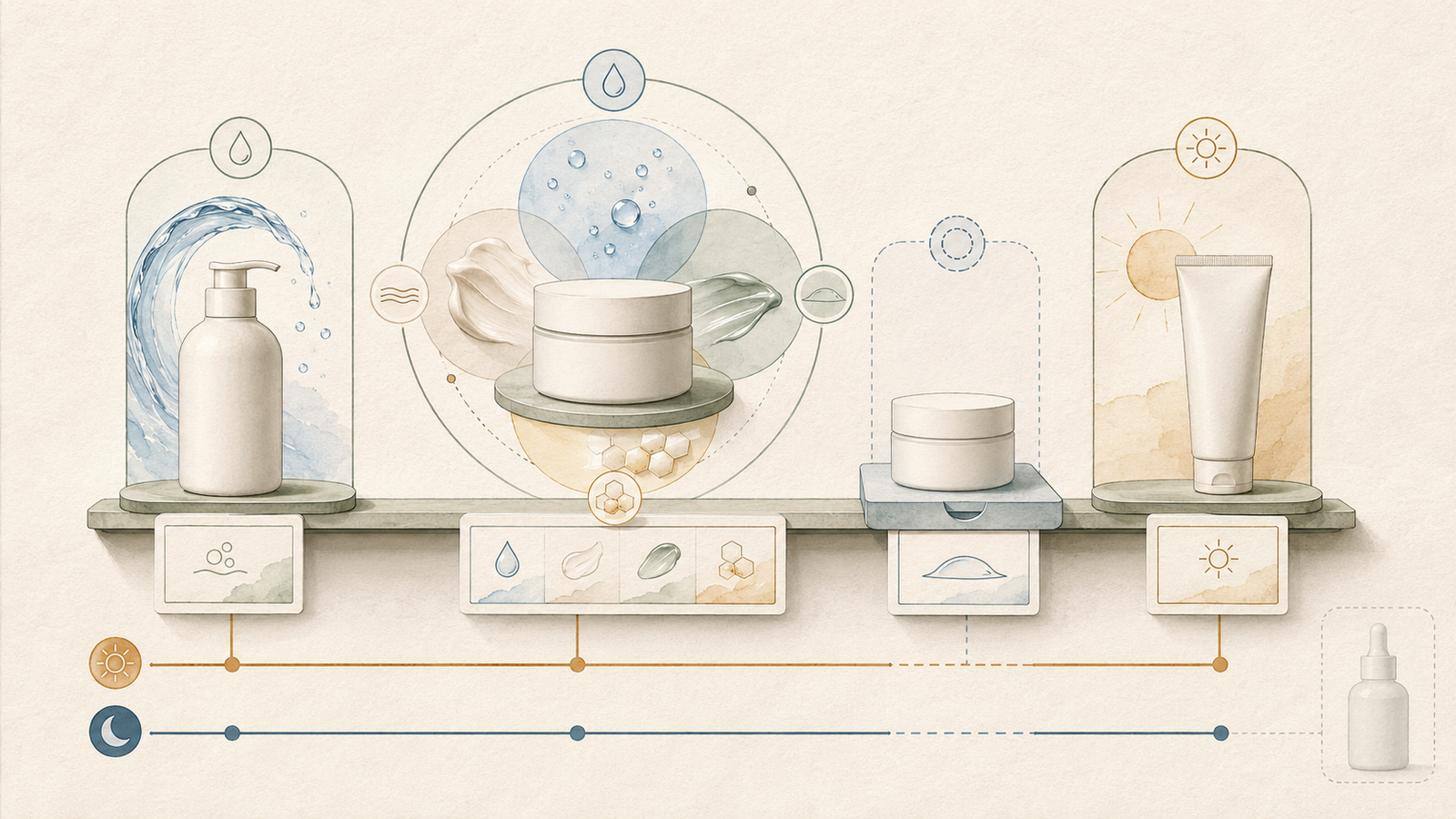 Illustrated day-and-night skincare routine map showing cleanser, moisturizer, optional surface film, and sunscreen roles.