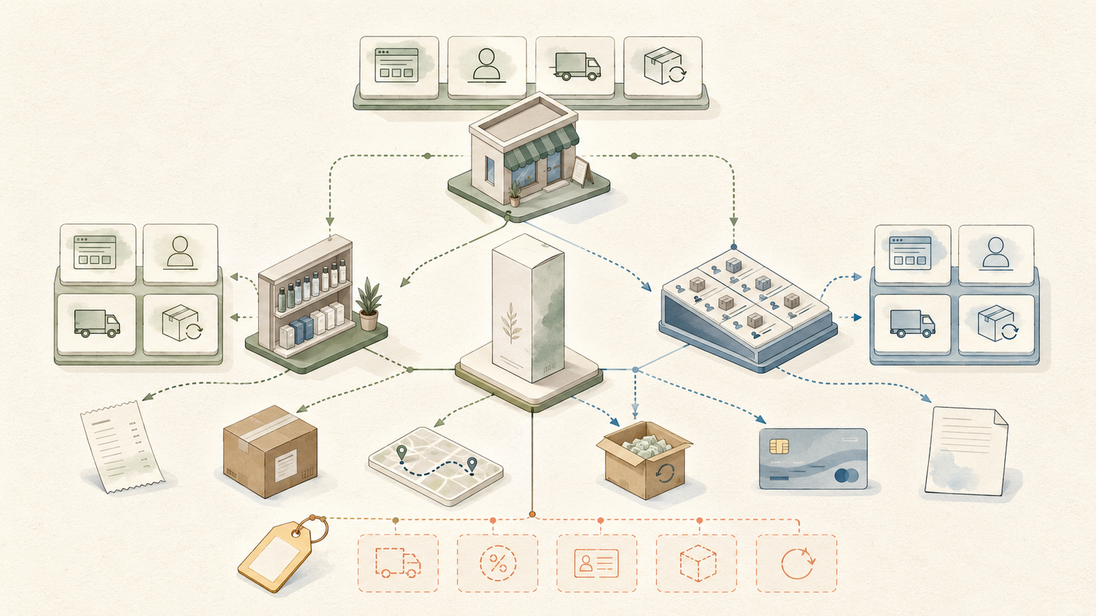 Illustrated skincare purchase-channel map showing a brand store, retailer, marketplace, seller, fulfiller, delivery, returns, and payment checkpoints.
