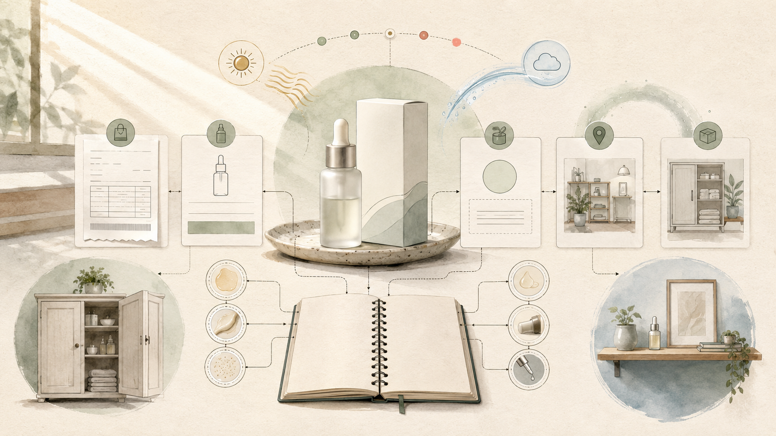 Illustrated skincare storage and packaging checklist showing a serum bottle, box, label, storage cabinet, and handling icons.
