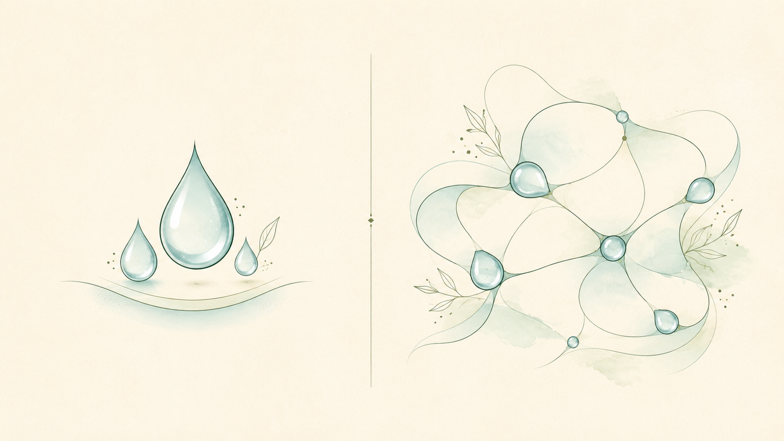 Soft water droplets and translucent polymer-like loops illustrating glycerin and hyaluronic-acid formula roles on a pale cream background.