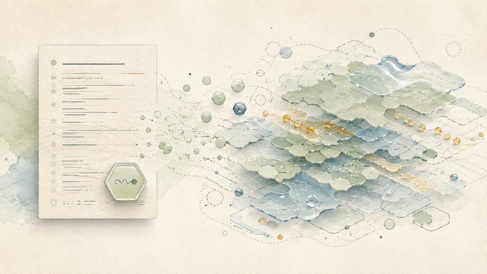 Layered translucent lipid-like shapes, droplets, and molecular motifs beside a label checklist on a pale cream background.