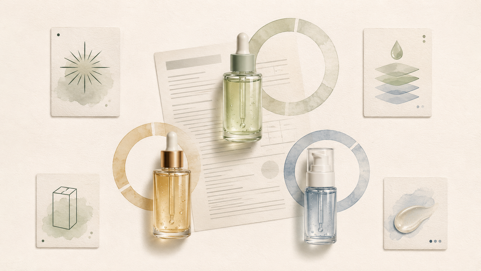 Editorial illustration of serum bottles and percentage-style label cards for comparing cosmetic claims.