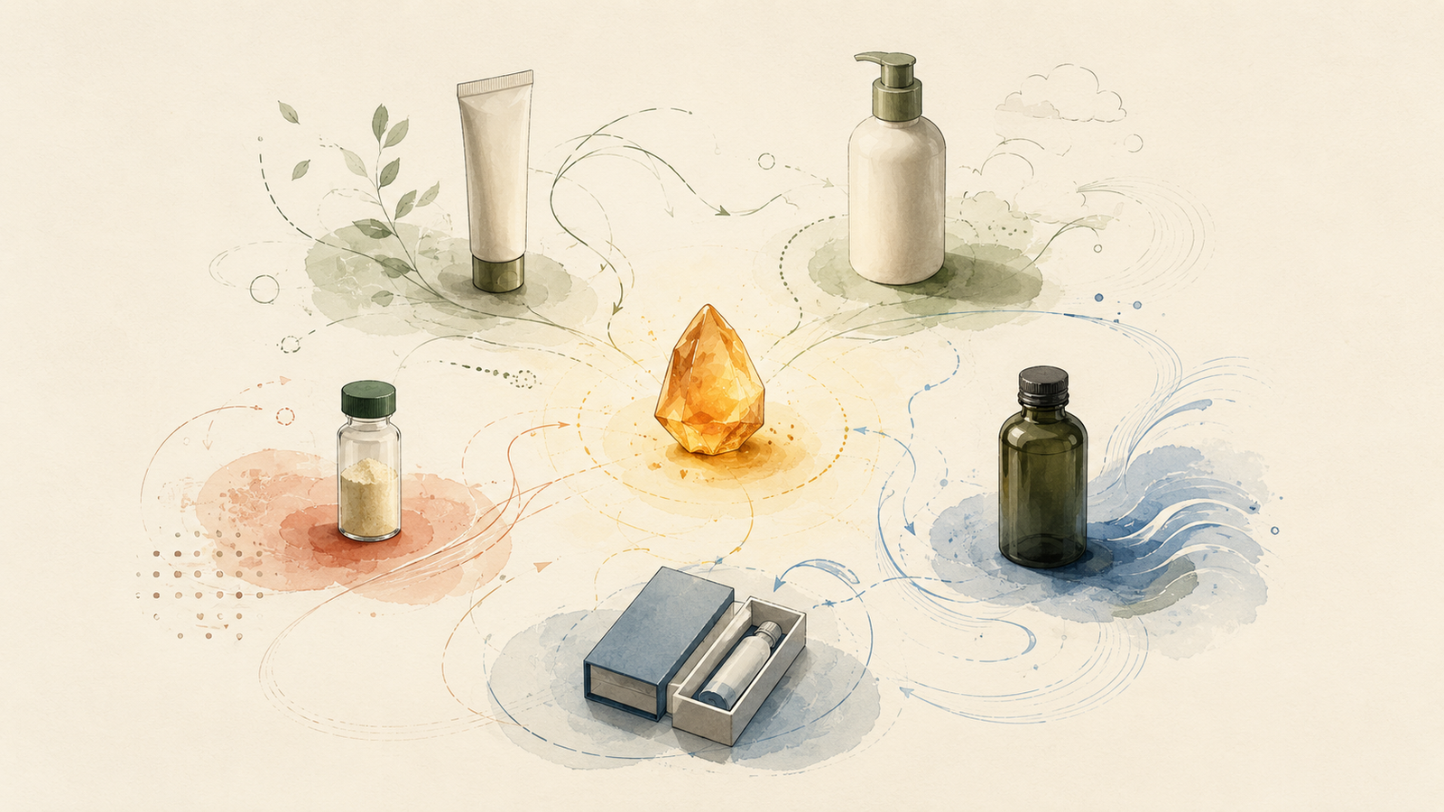 Illustration of vitamin C serum bottles, tubes, powder, and packaging forms arranged around stability checkpoints.