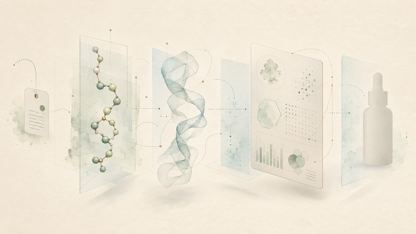 Illustrated peptide and collagen claim evidence map with molecular forms, evidence panels, and a cosmetic dropper bottle.